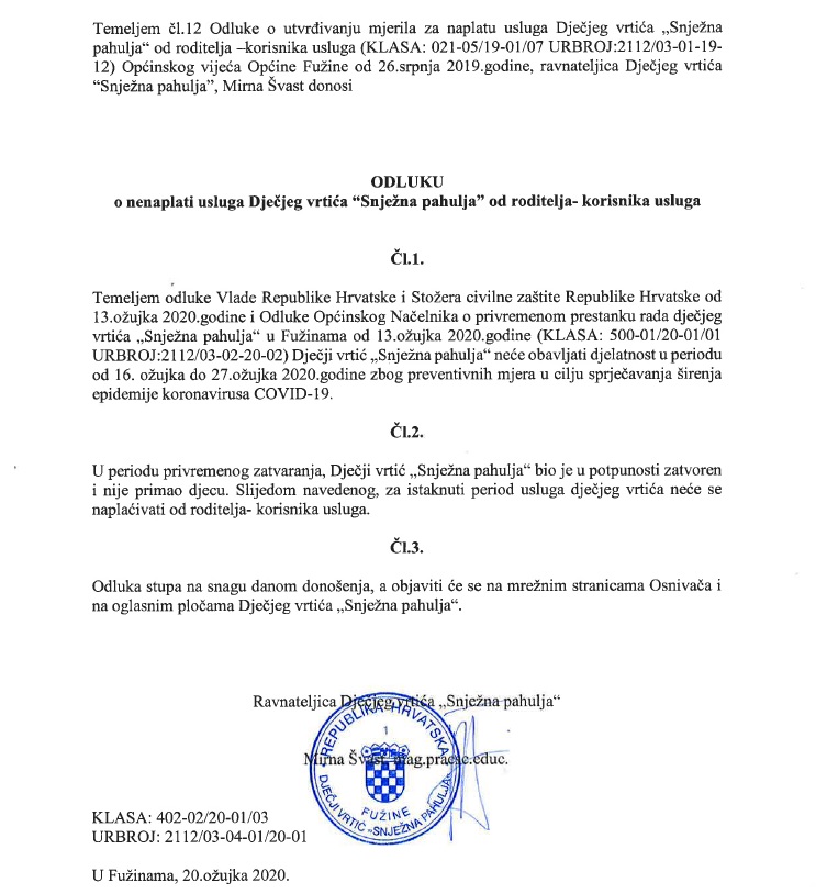 Odluka o nenaplati usluga DV 